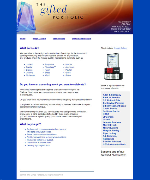 Website Designed for a Corporate Gift Firm showing lucite products